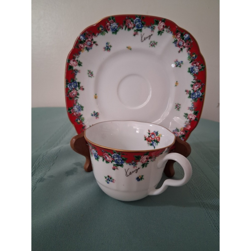 Kenzo Paris by Aito Japan Floral Porcelain Teacup and Saucer Set Red Gold Trim